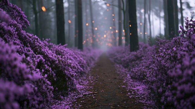 The Enchanted Purple Flowered Path Through a Misty Forest at Twilight