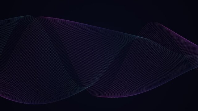 Elegant abstract flowing wireframe wave animation with smooth purple and blue gradient lines undulating on a dark futuristic digital background.