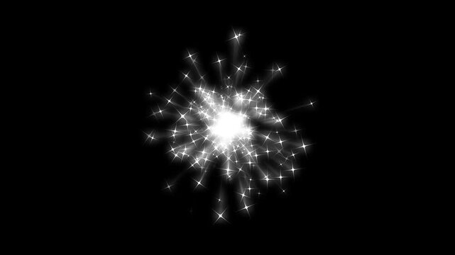 Glitter star blast particles, twinkle star glitter sparkle blast, flat star blast particle magic tail sparkling, luxury white glitter star blast sparkles trail on black screen. 4k video
