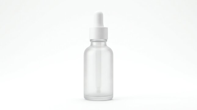 Frosted glass serum bottle mockup with white dropper on a white