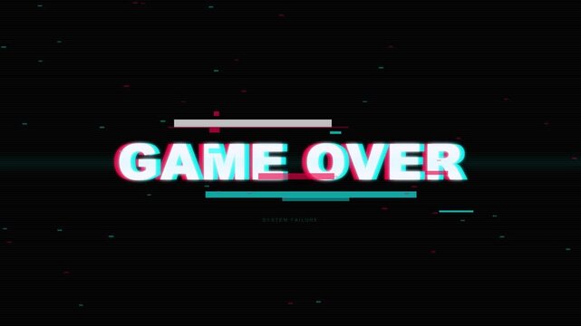 Game over text with digital glitch distortion and chromatic aberration on a dark background featuring a system failure error screen animation.