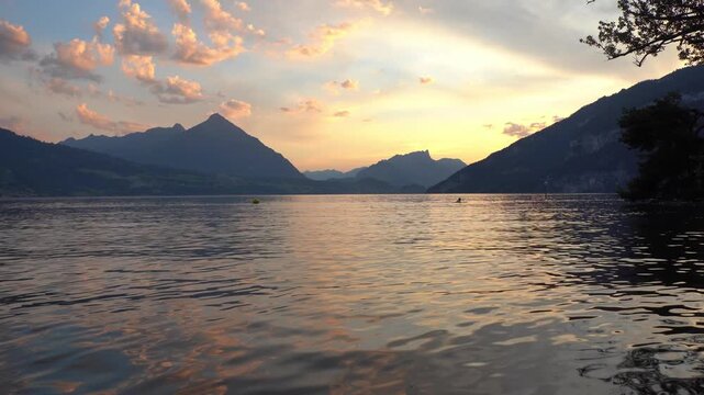 Golden Hour Sunset Over Lake Thun near Interlaken, Switzerland