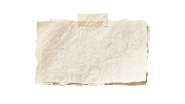 Torn beige paper note with tape, isolated on transparent background