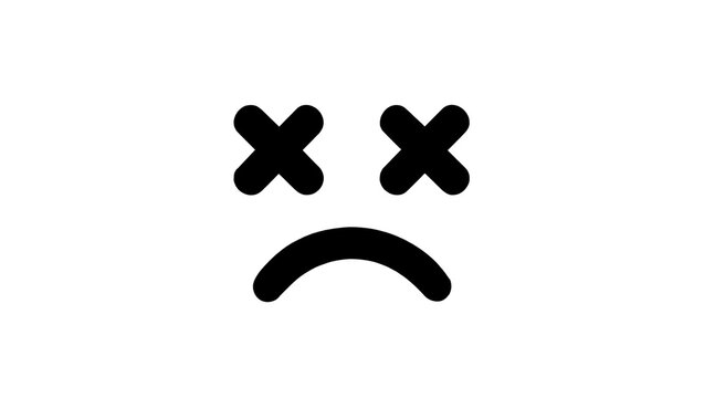 Black cartoon dead face with x eyes and sad mouth, isolated on transparent background