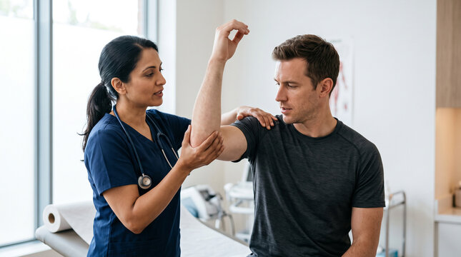 Doctor examining shoulder movement and joint function during an orthopedic consultation, representing shoulder pain assessment, injury evaluation, musculoskeletal health and patient care.