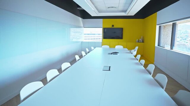 A tracking shot glides alongside a long white conference table lined with white chairs, moving toward a wall-mounted display screen and a bold yellow accent wall.