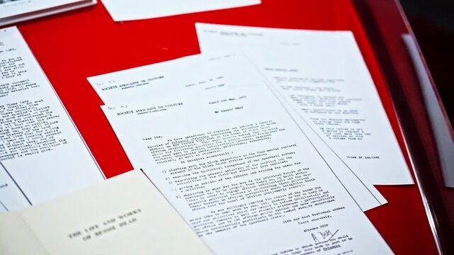A close-up, shallow-focus shot reveals a stack of vintage typewritten letters and historical documents spread across a red surface, with additional papers and a booklet visible in the background.