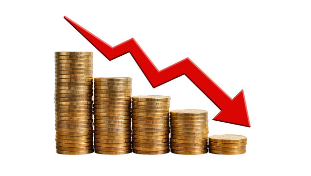 Stacks of gold coins decreasing in height with a red arrow pointing downwards, isolated on transparent background