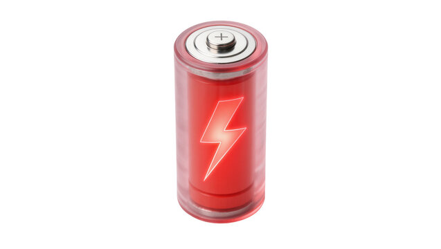 Red battery with glowing lightning bolt symbol, isolated on transparent background