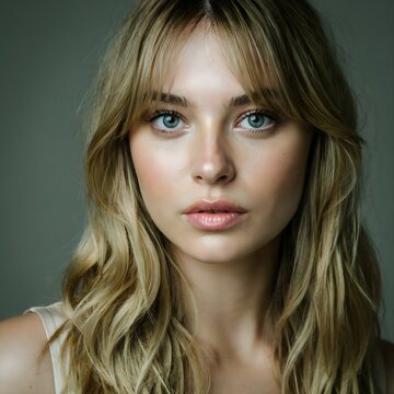 Retrato de primer plano de una hermosa mujer joven rubia con ojos azules, flequillo y maquillaje natural sobre un fondo neutro