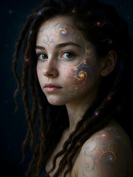 Retrato de fantas&iacute;a de una joven con rastas y patrones luminosos de fractales c&oacute;smicos en su rostro y hombro