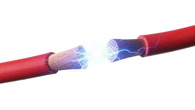 Two exposed red electrical wires with blue sparks arcing between them, isolated on transparent background