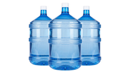 Three blue plastic water cooler jugs with white caps, isolated on transparent background © bigpng