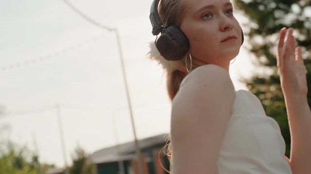 Young woman wearing headphones dances outdoors in park with trees and string lights performing expressive arm movements under warm sunlight dance summer