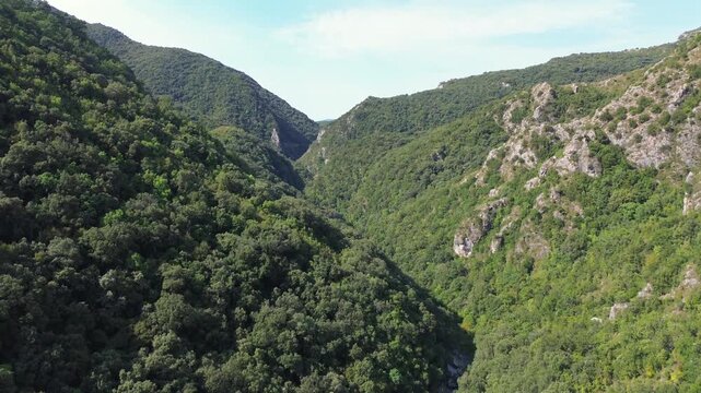 Drone rises above forested Acheron Gorge in Greece, revealing a wider valley and distant mountain ridges. Rocky slopes and dense greenery frame the view beneath a blue sky.