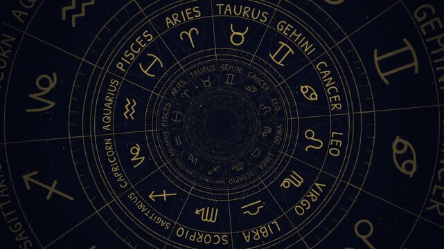 Golden zodiac wheel infinite tunnel with repeating star signs