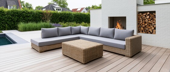 Obraz premium L-shaped wicker sectional sofa with grey cushions on a wooden deck beside a firepit and swimming pool in a suburban backyard