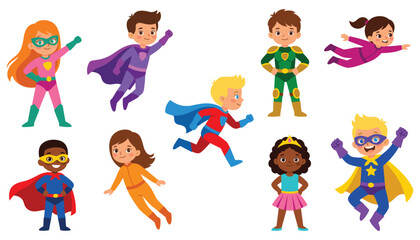 Cute kids superhero vector characters set featuring children in colourful costumes capes and masks flying running and posing ©  SULTANA