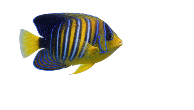 Regal angelfish with yellow blue and white stripes, isolated on transparent background