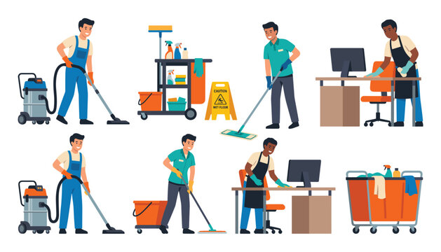 Professional office cleaning service vector characters set with janitor sweeping mopping vacuuming dusting and managing laundry cart equipment