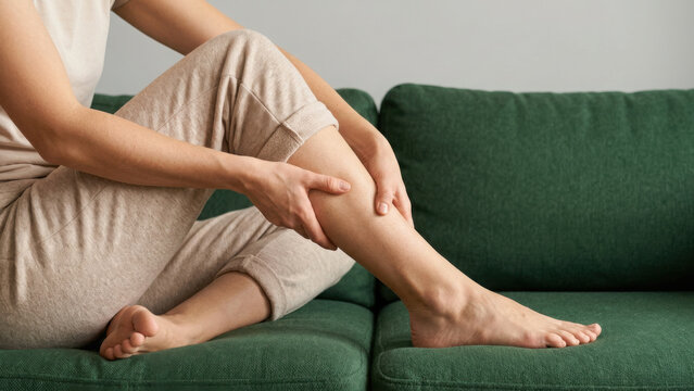 Woman sitting on a green sofa and holding her lower leg while experiencing pain generated using ai