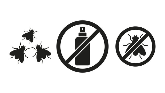 Black silhouette icons showing flies and pest control spray prohibition signs with fly icon insect spray prohibition sign no insects insect repellent pest exterminati