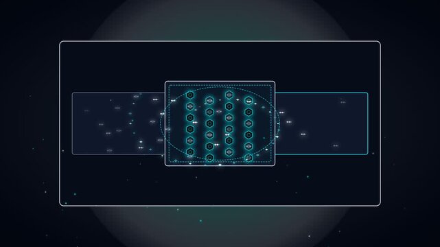 Futuristic digital interface with glowing abstract symbols and holographic elements against dark background