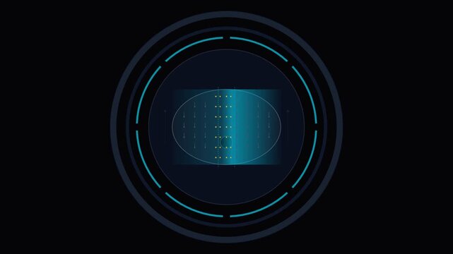 Futuristic digital interface hud display with glowing blue neon circles and abstract data elements against a dark background