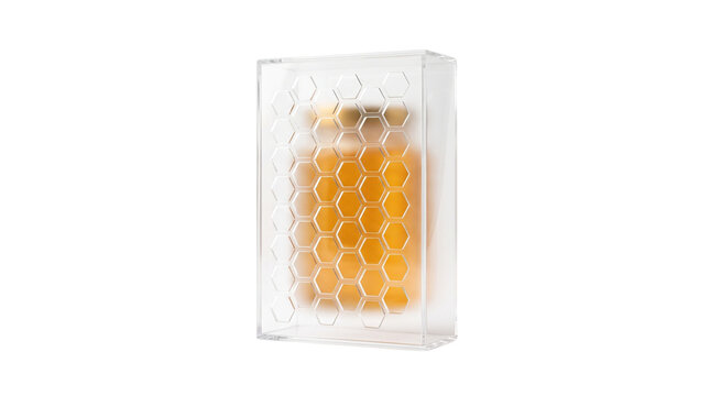 Minimalist honey jar in transparent honeycomb box, luxury organic food packaging concept, premium golden nectar product shot on white