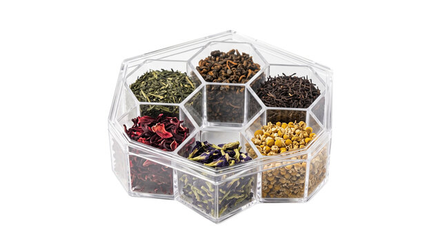 Assorted loose leaf tea set in acrylic hexagonal box, organic herbal tea collection, dried flowers and botanical spices organizer isolated PNG with Transparent Background