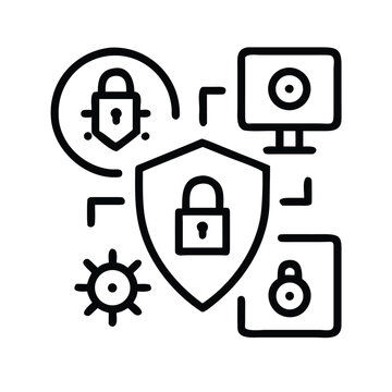 Cybersecurity shield with lock icons and devices