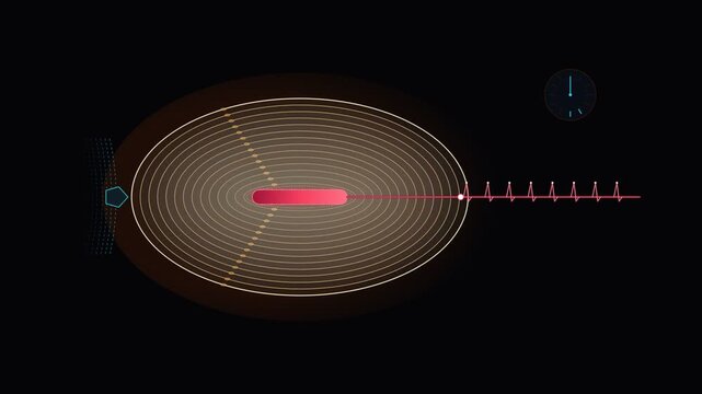 Abstract medical science concept with heartbeat monitor and concentric circles on dark background