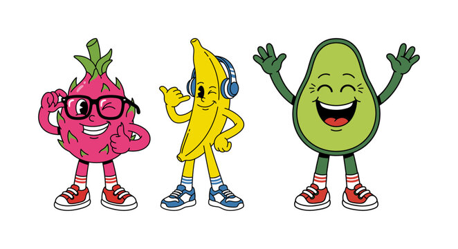 Retro Mascot Characters Featuring Dragon Fruit Banana and Avocado.