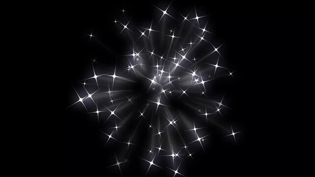 Luxury glowing white glitter star blast with sparkling magic trail, stars shine effect, blinking star blast effect, fairy doodle stars, sparkle star glowing animation on black screen. 4k video