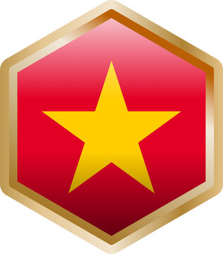 Vietnamese flag hexagon badge with red yellow star glossy gold frame patriotic national symbol isolated
