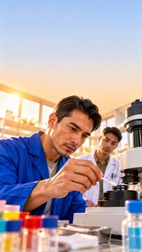 Senior lab technician holding precision swab cleaning microscope lens base, candid low angle vertical view, sapphire blue coat, golden hour, top copy space