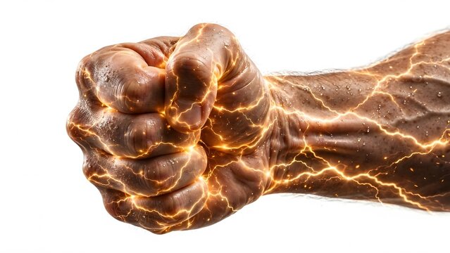 Strong muscular male fist charged with glowing golden electrical lightning energy
