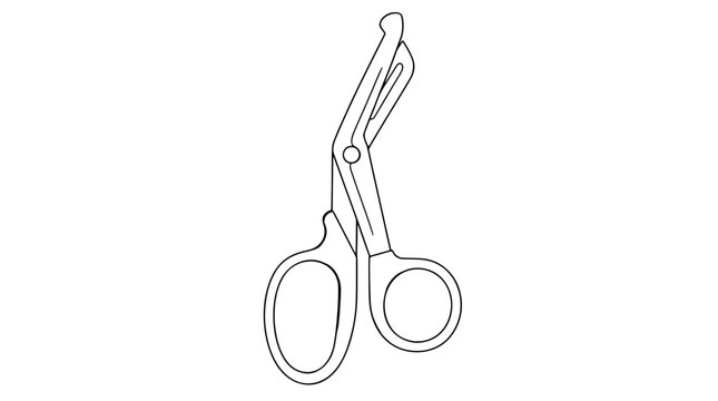 Black outline vector icon of an angled medical bandage shears with blunt bent tip, pivot screw, wide lower loop and narrow upper loop drawn in thin precise lines placed upright for controlled use