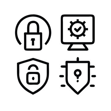 Four security and tech icons in shields and a circle