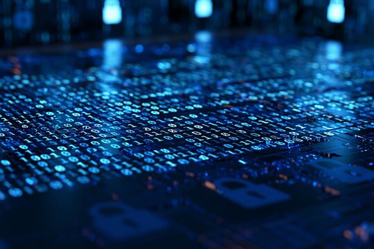 Binary code flowing across digital circuit board surface under cool blue backlighting with blurred security lock symbols in foreground creating futuristic tech ambiance