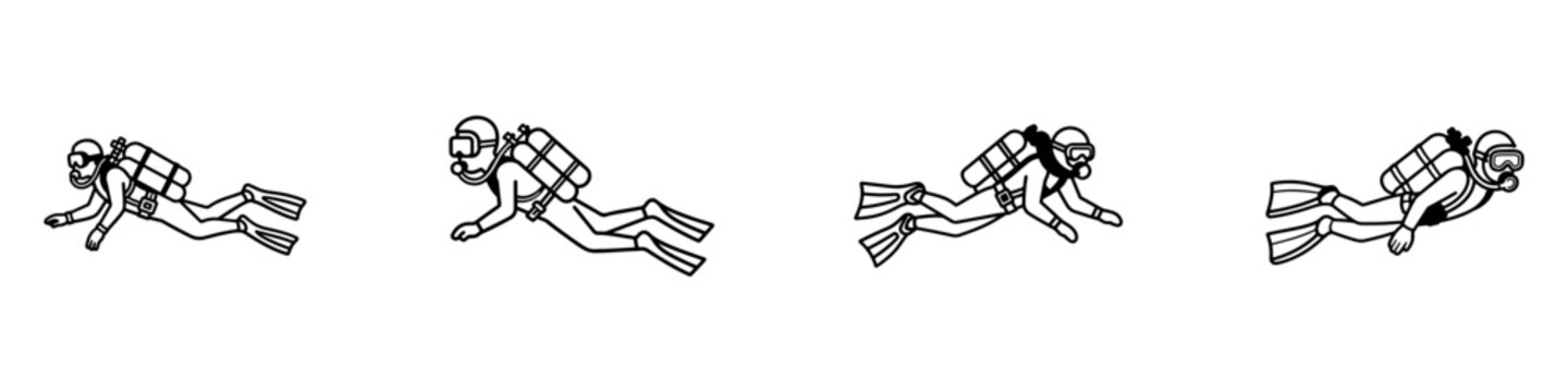 Scuba diving icon set with diver, oxygen cylinder, mask, suit, and deep ocean underwater activity.