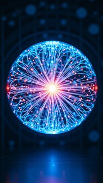 Futuristic glowing energy sphere generating intricate neural network connections and data flux