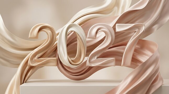 Elegant 3d rendered gold numbers 2021 surrounded by flowing silk ribbons on a soft neutral background