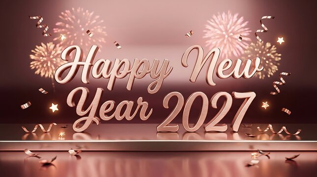 Elegant happy new year 2027 greeting card with sparkling rose gold text and festive fireworks background