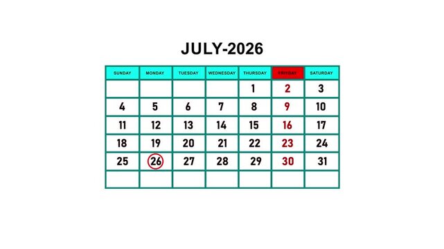 July 2026 calendar page with animated date selection circle marking july 26th for planning and scheduling