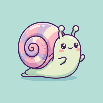 Cute kawaii green snail with colorful spiral shell, cartoon vector illustration