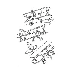 Vintage biplane aircraft line art illustration set. © althaff