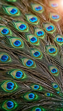 Peacock feathers creating intricate pattern, vibrant blue and green eyespots reflecting natural sunlight