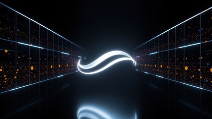 Fototapeta premium Dark tunnel with glowing lines, reflective floor. Bright white wave shape dominates center space, creating futuristic feel.