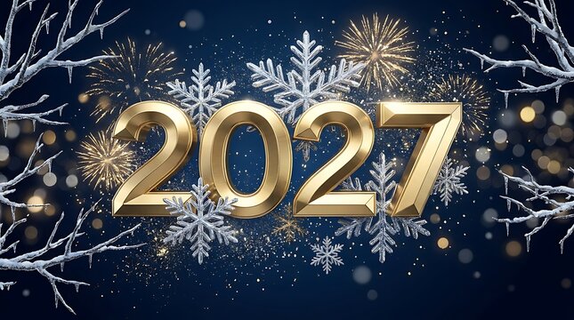 Gold foil balloons showing the year 2027 against a dark blue background with festive snowflakes and lights